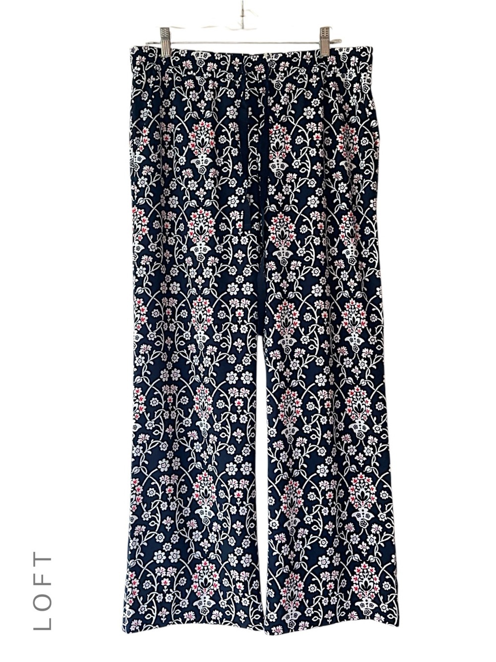 LOFT NWOT WIDE LEG NAVY BLUE FLORAL VINE PANTS FLUID DRAWSTRING POCKETS | MEDIUM
